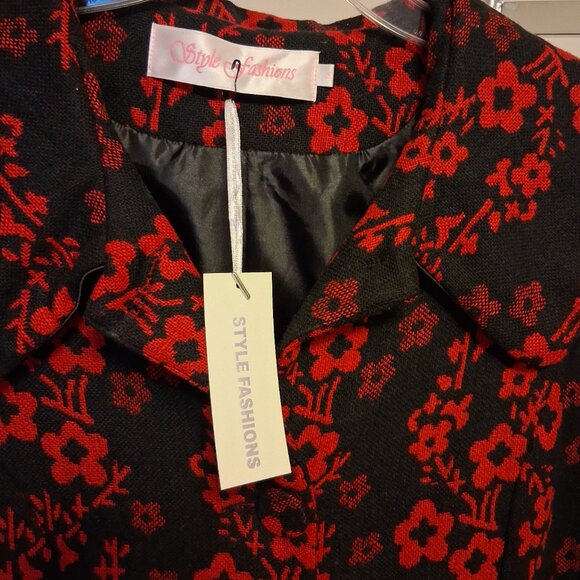 NEW Women’s Elegant Pea Coat Red Black Floral Lined Trench Coat ¾ Sleeve 14 L - Picture 9 of 10